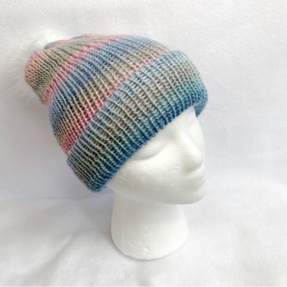 Pom Pom Hat, Knit Hat, Striped Hat, Pastel Beanie, Brand New, Never Worn - Picture 3 of 4